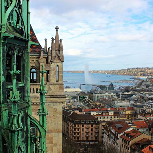 St. Pierre cathedral with town and lake in background